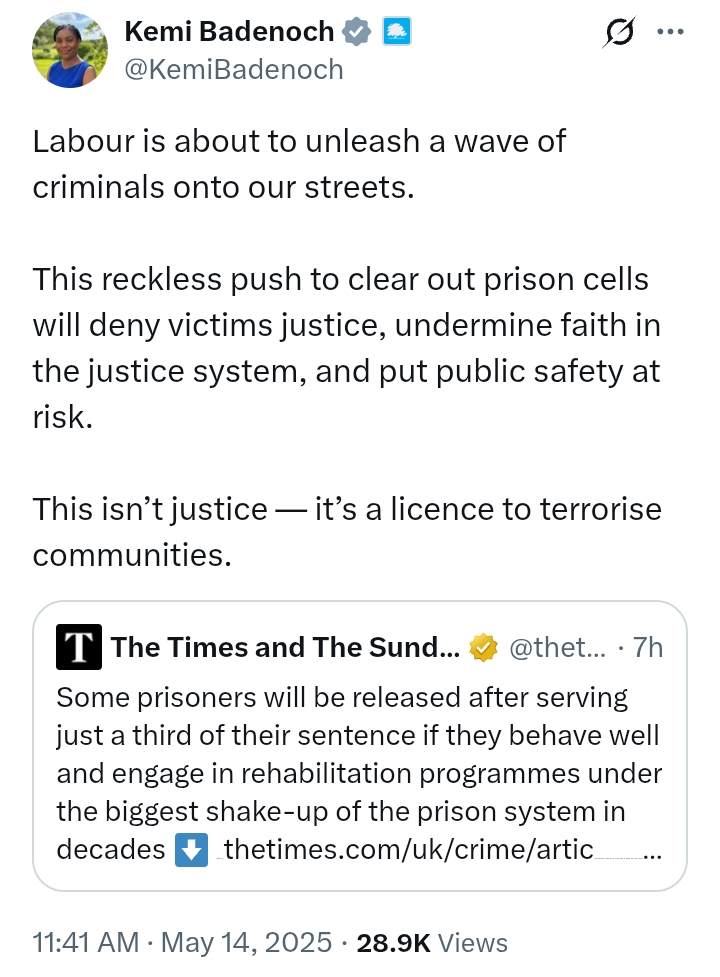 United Kingdom: 'This reckless push to clear out prison cells will deny victims justice and put public safety at risk' - Convo between The Times and Kemi Badenoch