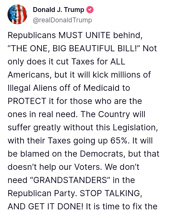 United States: Trump wants Republicans to unite behind bill that 'will kick millions of illegal aliens off of Medicaid to protect it for those who are the ones in real need'