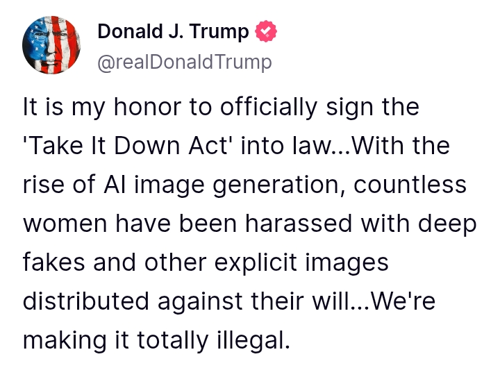 Artificial Intelligence: Trump officially signs 'Take It Down Act' into law following 'distribution of explicit images of countless women against their will'