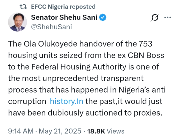 Reactions after Senator Sani hails EFCC for 'transparent' handover of 753 housing units seized from ex CBN boss to FHA