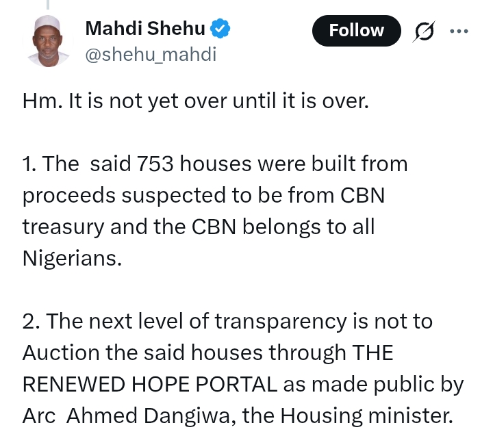 Reactions after Senator Sani hails EFCC for 'transparent' handover of 753 housing units seized from ex CBN boss to FHA