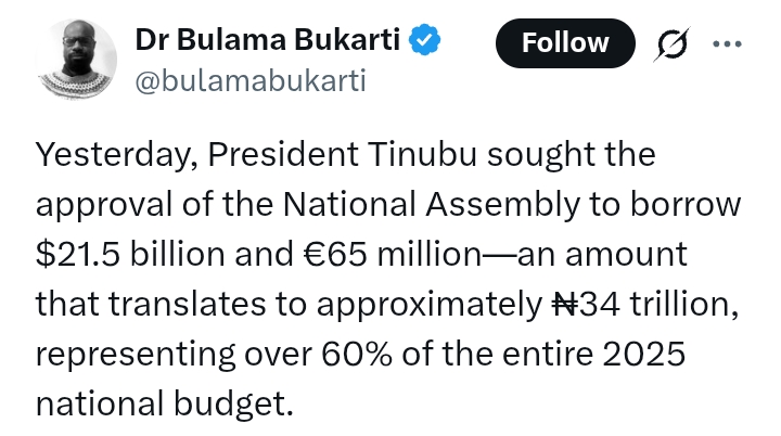 'The President plunged Nigerians into hardship by removing fuel and foreign exchange subsidies' - X user's reaction after Tinubu sought approval of NASS to borrow $21.5bn