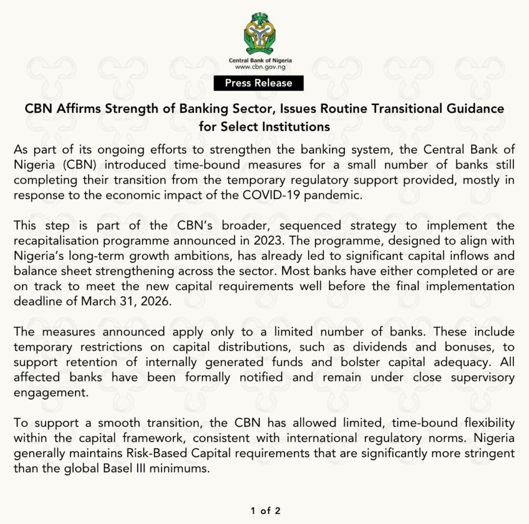 CBN affirms strength of banking sector, issues routine transitional guidance for select institutions