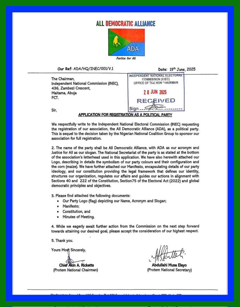 Stamped! INEC receives ADA's 'Application for registration as a Political Party'
