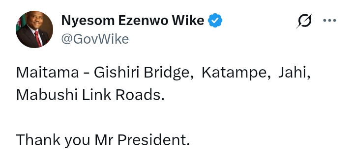 Abuja: Photos - Wike thanks President Tinubu after commissioning Maitama - Gishiri Bridge, Katampe, Jahi, Mabushi Link Roads