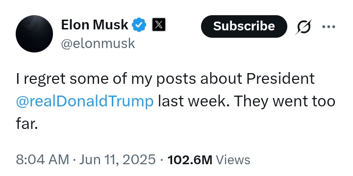 United States: 'I regret some of my posts about President Trump' - Elon Musk