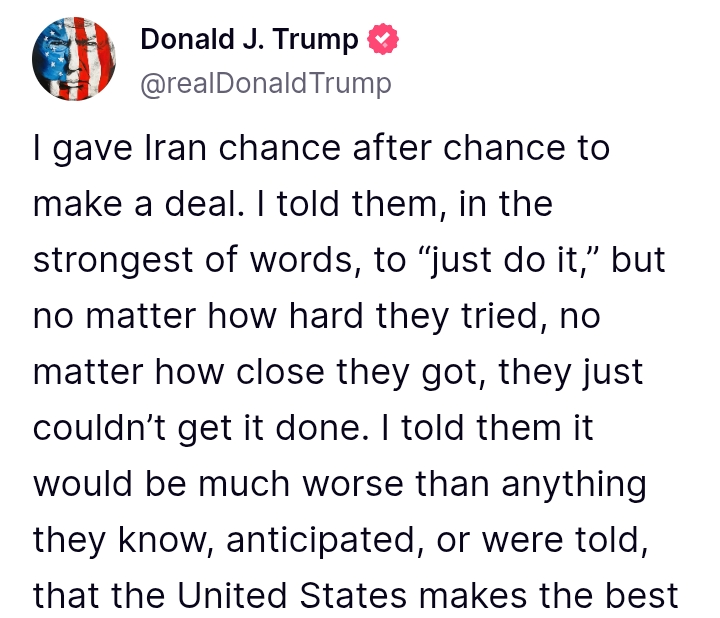 Iran V Israel: 'Iran must make a deal, and save what is left!' - President Trump