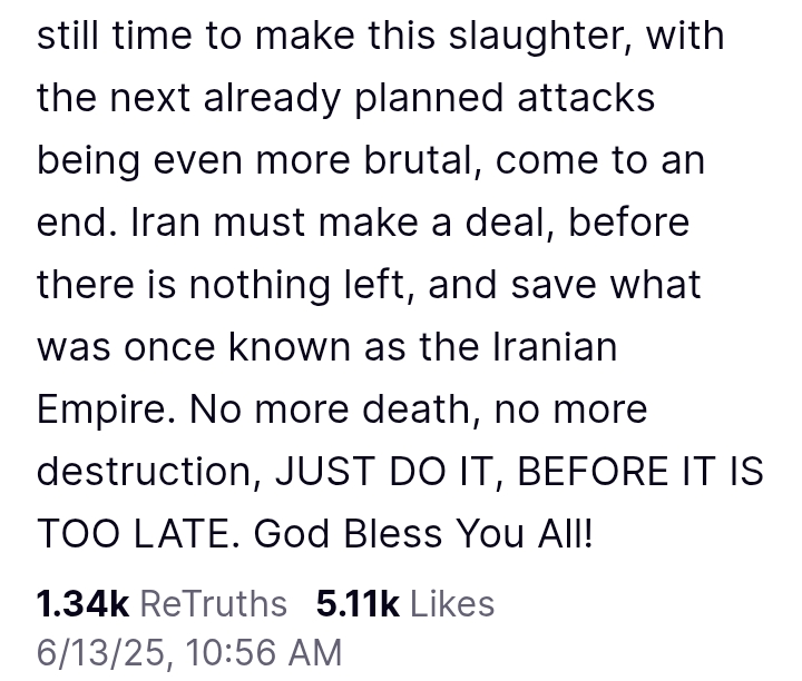 Iran V Israel: 'Iran must make a deal, and save what is left!' - President Trump