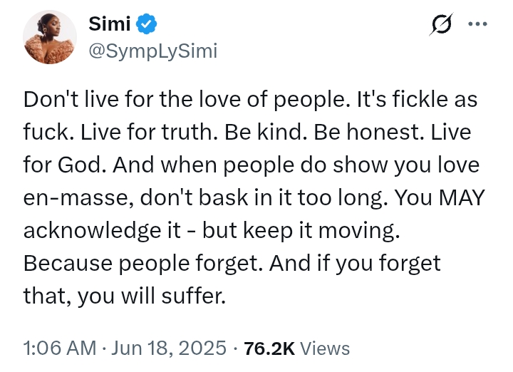 'Don't live for the love of people' - Simi