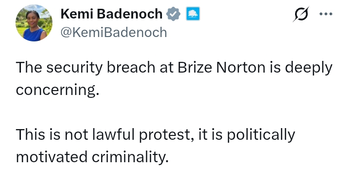 Kemi Badenoch 'deeply concerned' after protesters break into RAF Brize Norton, damage two military aircrafts