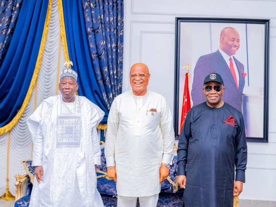 Ganduje, APC NWC members visit Eno and Akpabio at the Senate President's residence in Uyo ahead of the Governor's official defection to the 'Broom' Party