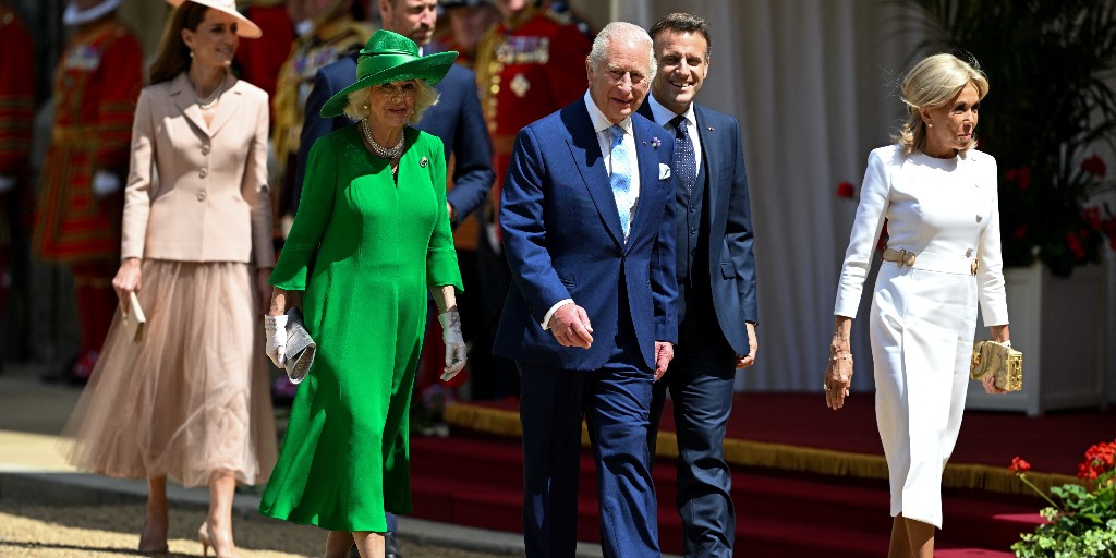 King Charles III and Queen welcome President Macron and Mrs Macron to Windsor Castle