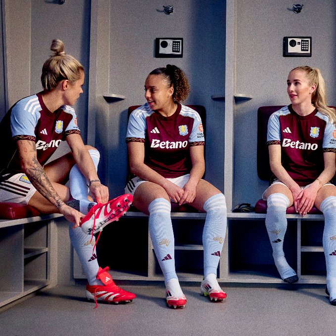 Aston Villa Women players flaunt the Club's new home kit for the 2025/26 season