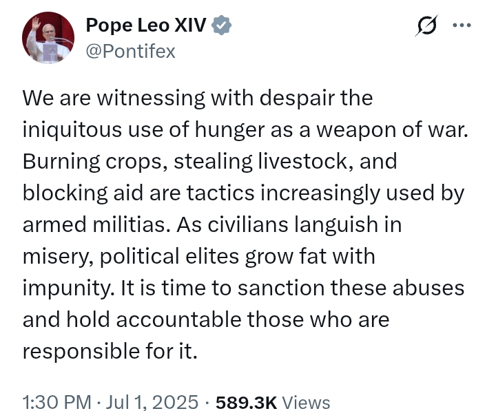 'Those responsible for using hunger as a weapon of w*r should be sanctioned' - Pope Leo XIV