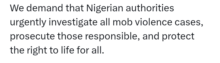'Nigerian authorities must investigate all reported cases of mob v*olence' - Amnesty International