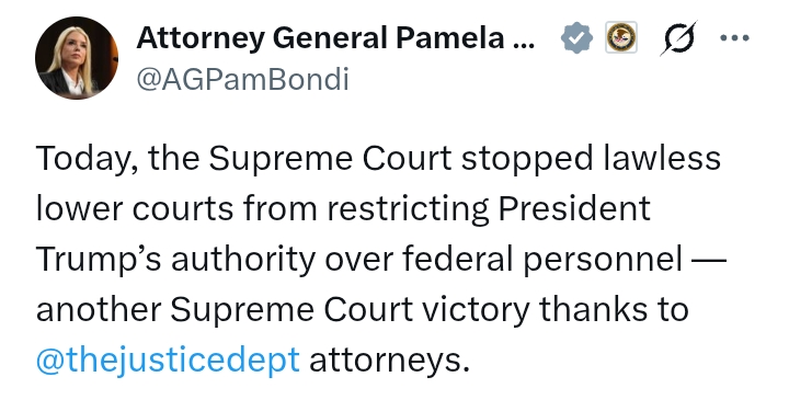 Supreme Court stops 'lawless' lower Courts from restricting Trump's authority over Federal personnel