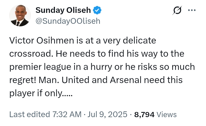 'Osimhen needs to find his way to the Premier League or regret it' - Sunday Oliseh