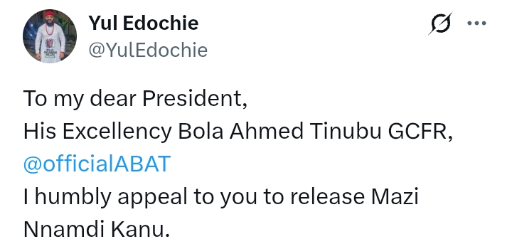 Yul Edochie pleads with President Tinubu to release Mazi Nnamdi Kanu