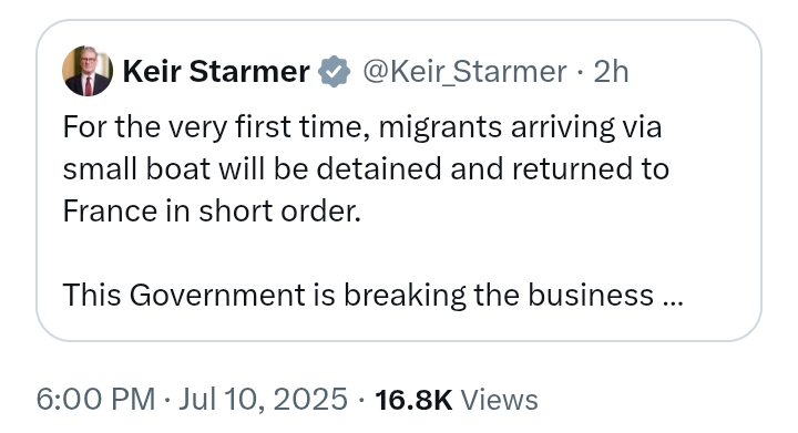 'Migrants arriving via small boat will be detained and returned to France in short order' - PM Starmer