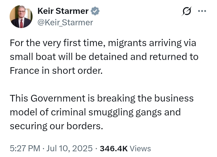 'Migrants arriving via small boat will be detained and returned to France in short order' - PM Starmer