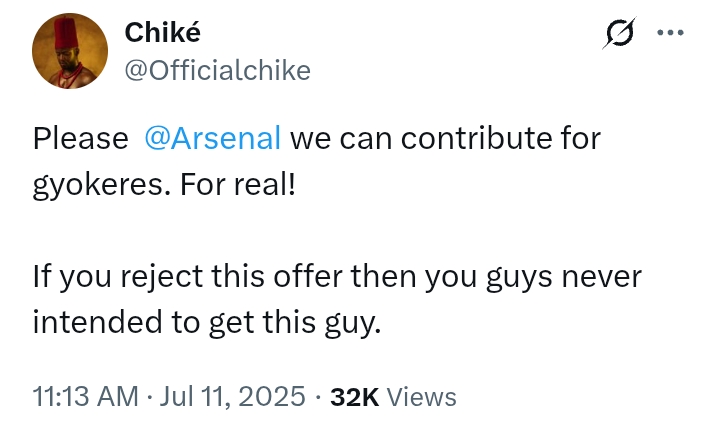 Singer Chike's opinion on Arsenal's move for Viktor Gyokeres