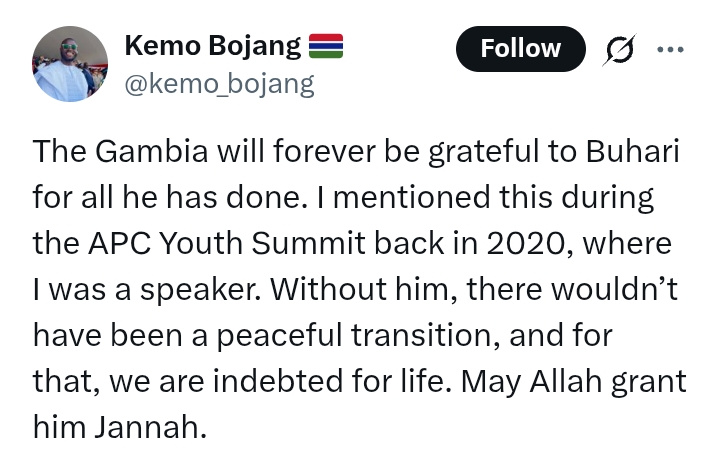 Gambian grateful to Buhari for 'peaceful transition' of power in his country in 2020
