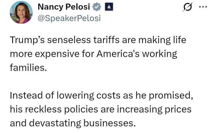 Trump's tariffs 'making life more expensive for America's working families' - Pelosi