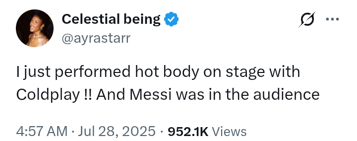 Ayra Starr performs on stage alongside Coldplay with Messi in attendance