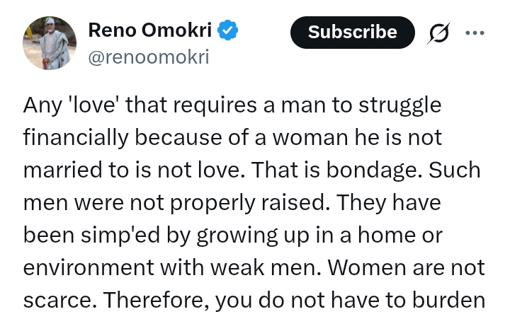Any man struggling financially in a relationship with a women he is not married to is in 'bondage' - Reno Omokri
