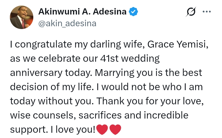 'Marrying you the best decision of my life' - Adesinas celebrate 41st wedding anniversary