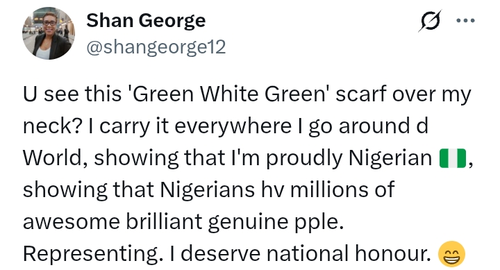 'I carry my 'green white green' scarf everywhere I go' - Shan George