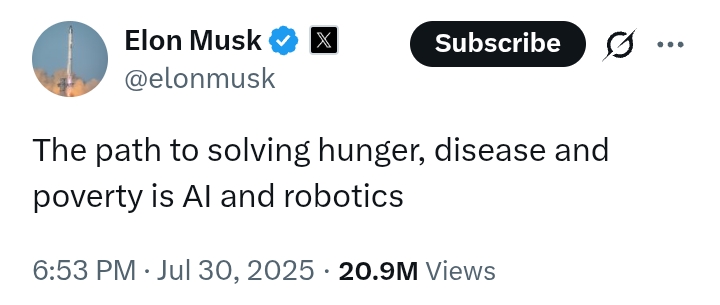 'The path to solving hunger and poverty is AI and robotics' - Elon Musk