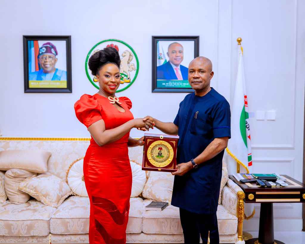 Enugu Governor Mbah welcomes award winning author Chimamanda to government house