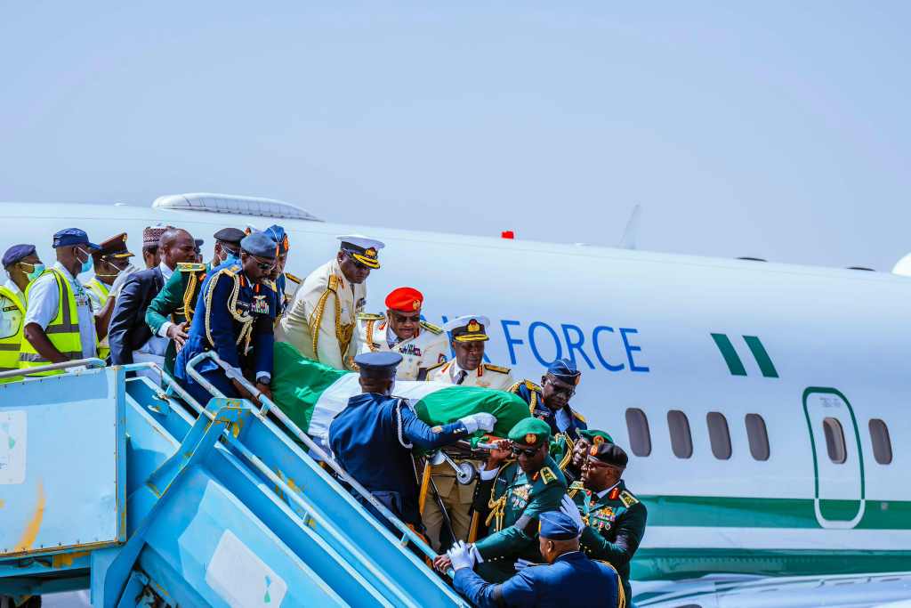 Photos: President Tinubu receives remains of former President Buhari at Katsina Airport