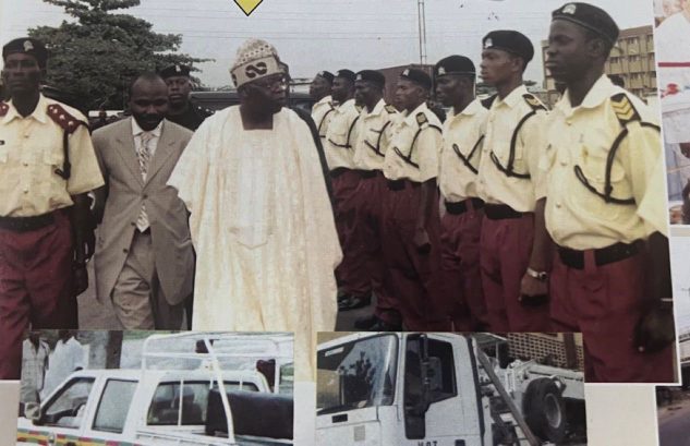 Then-Governor of Lagos State, Bola Ahmed Tinubu, inspects officers of LASTMA