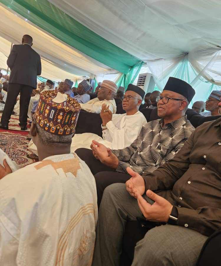From Right: Peter Obi | Mallam Nasir El-Rufai | Alhaji Atiku Abubakar at the prayer session for the soul of former President, Muhammadu Buhari, in Daura, Katsina State