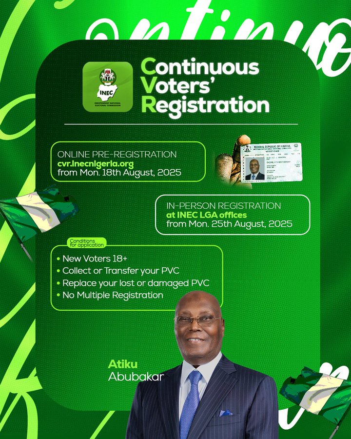 ‘When you register to vote, you are making an investment in your future’ – Atiku