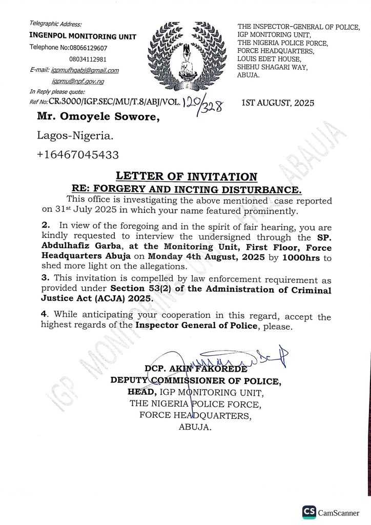 IGP invites Sowore for 'forgery and inciting disturbance'