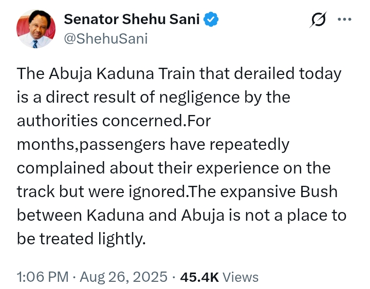 'Negligence by the authorities' - Senator Sani reacts to train derailment en route Kaduna