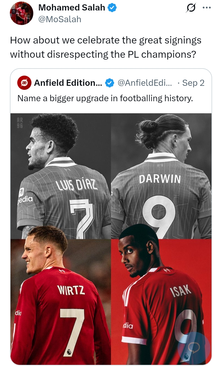 Let's celebrate 'great signings' and not 'disrespect' PL Champions - Salah
