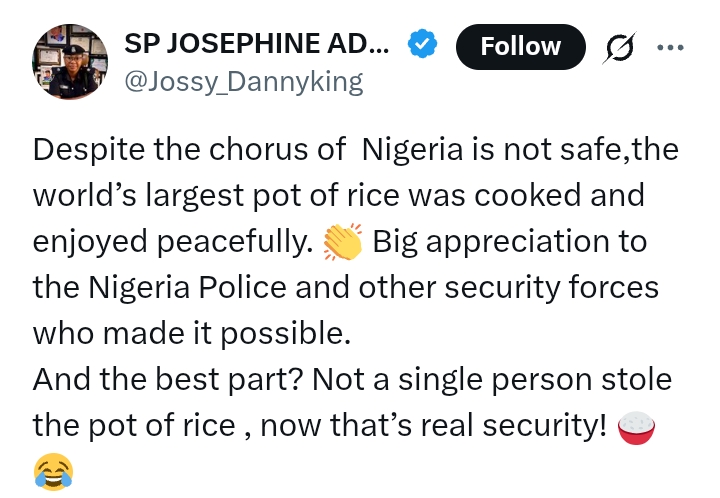 'Despite Nigeria is not safe', the largest pot of jollof rice was cooked and enjoyed 'peacefully' - FCT PPRO Josephine
