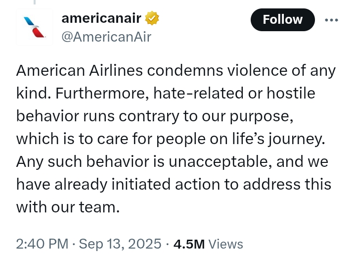 American Airlines pilots caught celebrating ass*ssination of Charlie Kirk 'immediately grounded and removed from service'