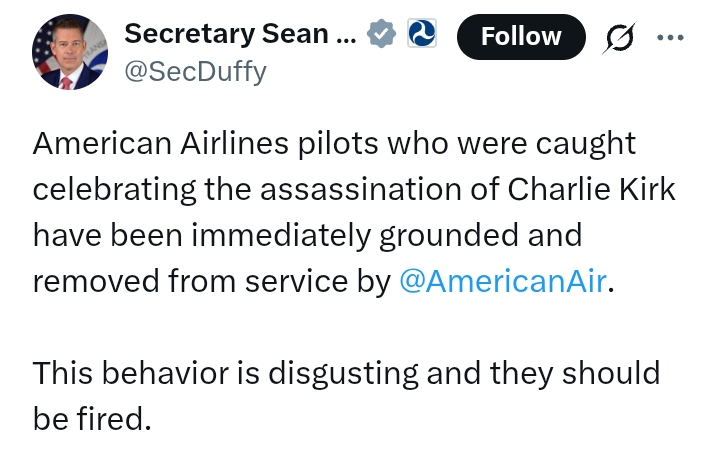 American Airlines pilots caught celebrating ass*ssination of Charlie Kirk 'immediately grounded and removed from service'