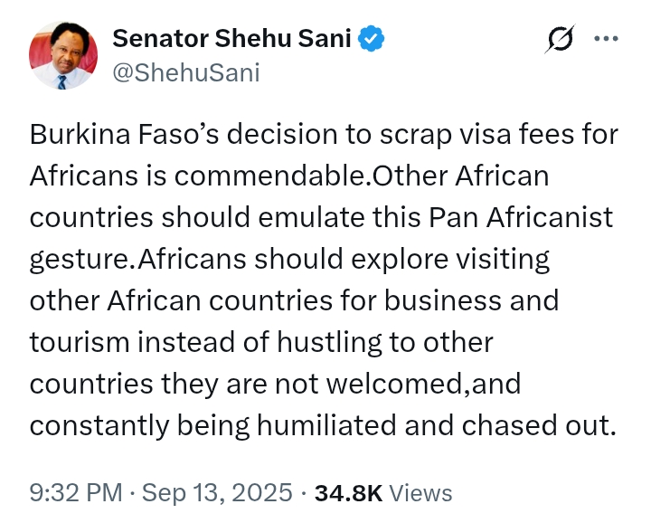 Senator Sani commends Burkina Faso for 'decision to scrap visa fees for Africans'