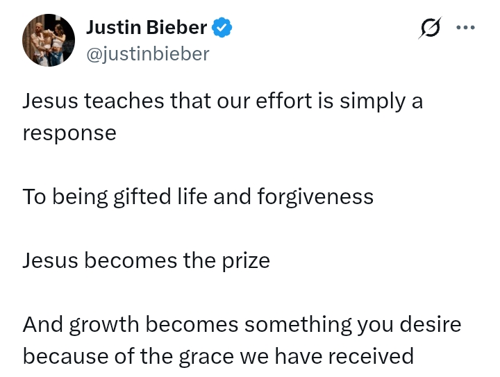 'We grow because of the grace we have received' - Justin Bieber preaches Jesus