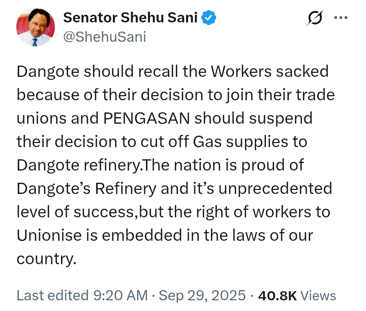'Dangote should recall the workers sacked' - Senator Sani