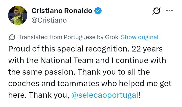 C Ronaldo 'specially' recognized after 22 years with Portugal