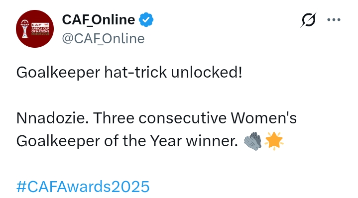 CAF Awards 2025: Nnadozie wins Women's Goalkeeper Of The Year