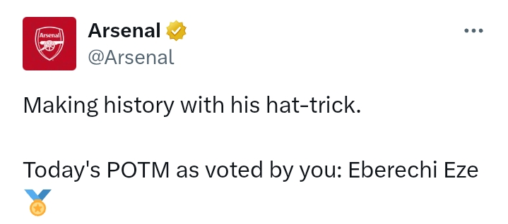 Eze score hat-trick as Arsenal crush Tottenham 4-1 at Emirates