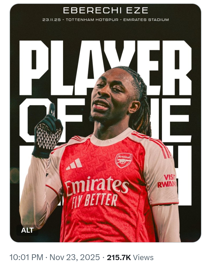 Eze score hat-trick as Arsenal crush Tottenham 4-1 at Emirates